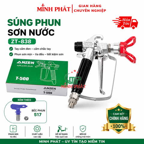 Súng Phun Sơn Nước Minh Phát Tay Cầm Đen ZT-838, Súng Phun Sơn Nước Không Khí Kèm Béc Phun 517