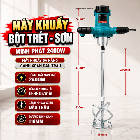 Máy Khuấy Bột Trét - Khuấy Sơn Minh Phát 2400w, Máy Khuấy Đa Năng Cánh Xoắn Đầu Trâu