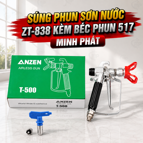 Súng Phun Sơn Nước Minh Phát Tay Cầm Đen ZT-838, Súng Phun Sơn Nước Không Khí Kèm Béc Phun 517