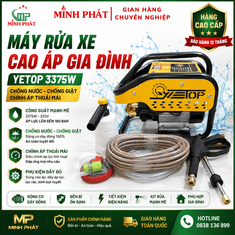 Máy Rửa Xe Cao Áp Gia Đình Cao Cấp - YETOP 3375W Chống Nước, Chống Giật, Chỉnh Áp Thoải Mái Minh Phát