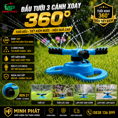 Đầu Tưới 3 Cánh Xoay 360° Minh Phát, Vòi Tưới 3 Cánh 360 Độ Ren 21