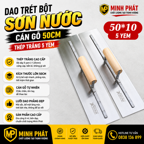 Dao Trét Bột Sơn Nước Cán Gỗ 50cm Thép Trắng 5 Yem Minh Phát Cao Cấp