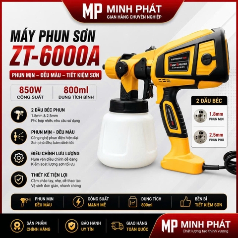 Máy Phun Sơn Cầm Tay Electric Spray ZT-6000A 850W 2 Đầu Béc 1.8mm 2.5mm