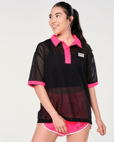 Áo lưới co giãn cổ polo form to - Đen