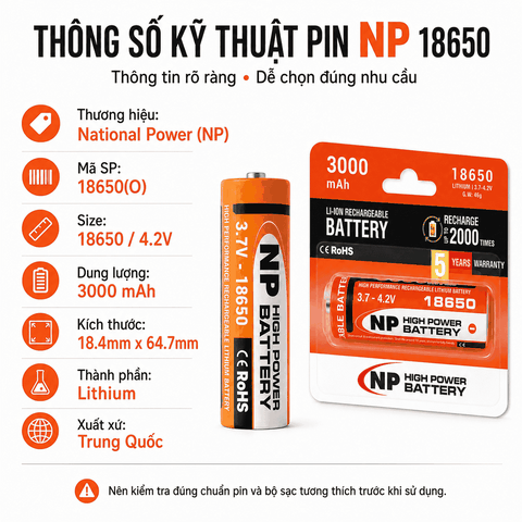 Pin NP 18650 3.7V Đầu Lồi 3000mAh – Pin Sạc Lithium-ion Cho Đèn Pin, Quạt Mini, Thiết Bị Điện Tử