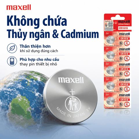Vỉ 5 viên pin Maxell CR1616 Lithium 3V made in JAPAN