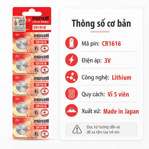Vỉ 5 viên pin Maxell CR1616 Lithium 3V made in JAPAN