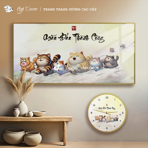 Tranh Gỗ tráng gương MÈO MÃO ĐÁO THÀNH CÔNG hài hước, Treo tường, để bàn, khung bo viền, Nhiều size