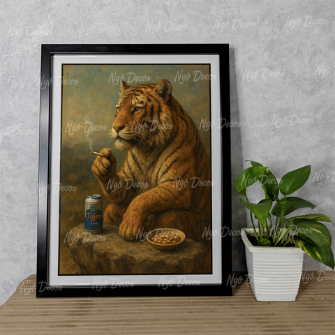 Tranh 12 con giáp hài hước, buồn sầu, uống tiger - Tranh khung gỗ kích thước 32x42 cm, Tặng phụ kiện