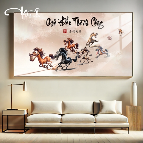 Tranh vô tri MÃ ĐÁO THÀNH CÔNG - MÃI DELL THÀNH CÔNG ngựa chế hài hước, Treo tường, Tranh gỗ tráng gương bo viền, Tặng phụ kiện, Nhiều kích thước