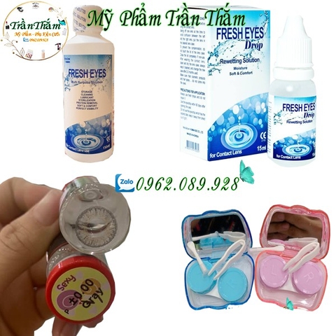 Combo 1 set Lens đầy đủ gồm lens, ngâm lens. nước nhỏ mắt, và bộ dụng cụ kèm video dướng dẫn