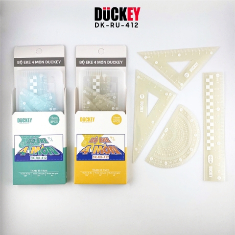Bộ Thước Eke Hình Học 4 Chiếc RU-412 Duckey – Có Hộp Nhựa, Nhiều Màu, Dành Cho Học Sinh