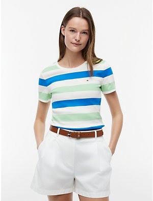 Rugby Stripe Crewneck T-Shirt Green Tide Dynamic Blue Multi XW04732-LX5