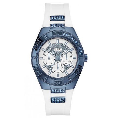 GUESS WOMEN'S WATCH WHITE DIAL SILICONE STRAP 39mm blue stones luna W0653L2