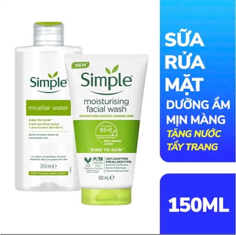 Sữa rửa mặt Simple Moisturising Facial Wash- dưỡng ẩm mịn màng tuýp 150ml (tặng nước tẩy trang 200ml)