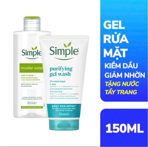 Gel rửa mặt Simple Purifying Gel Wash- Kiềm dầu giảm nhờn tuýp 150ml (tặng nước tẩy trang 200ml)