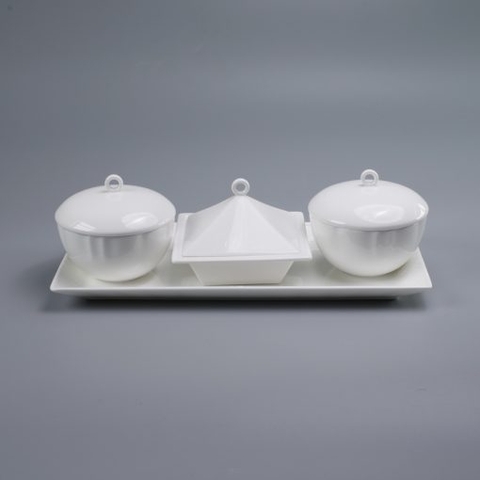 Bộ khay chữ nhật và 2 bát tròn, 1 bát vuông có nắp đựng mứt, ô mai Tết trắng sứ tro xương Hàn Quốc