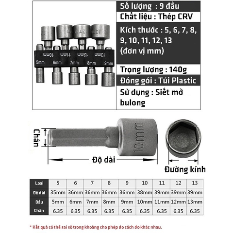 Bộ 9 Khẩu Tuýp Vặn Ốc Lục Giác VITO Gắn Máy Khoan 9 Đầu Vít Bắn Tôn