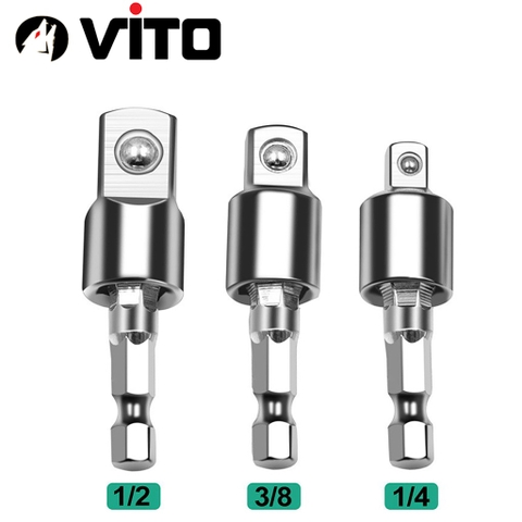 Combo 3 Đầu Chuyển Chân Lục Giác Bắn Vít Sang Khẩu Bulong Lắc Léo 1/4" 3/8" 1/2" VITO Gắn Cho Máy Khoan, Máy Bắn Vít