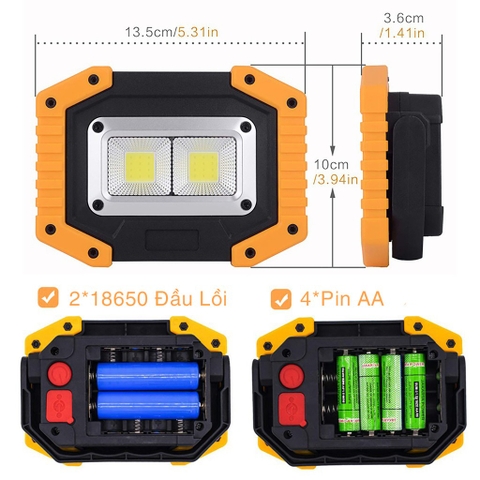 Đèn Pin 2 LED COB, Có Cổng Sạc Điện Thoại, Sử Dụng Pin 18650/AA