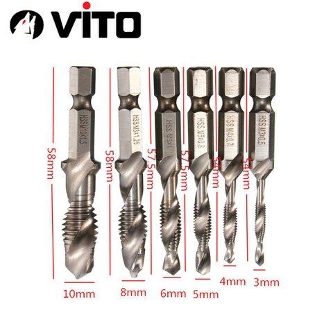Bộ 6 Mũi Taro VITO Chân Lục Giác Tạo Ren Doa Âm Mũ Vít M3-M10 Phủ Titanium