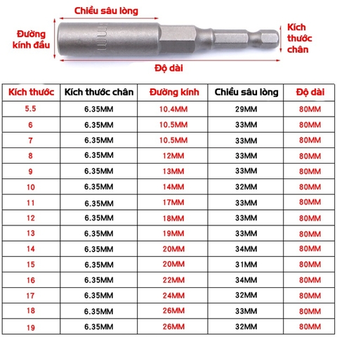 Chụp Bulong Sâu Lòng Bắn Vít Chân Lục Giác VITO Dài 80mm Các Kích Cỡ