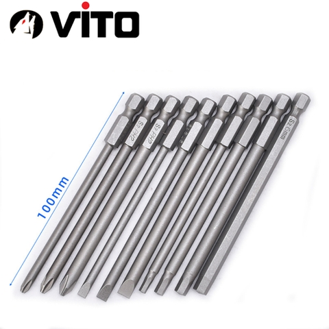 Set 10 Mũi Vít Hỗn Hợp (Bake, Lục Giác, 2 Cạnh) VITO Dài 100mm Thép S2 Chắc Chắn