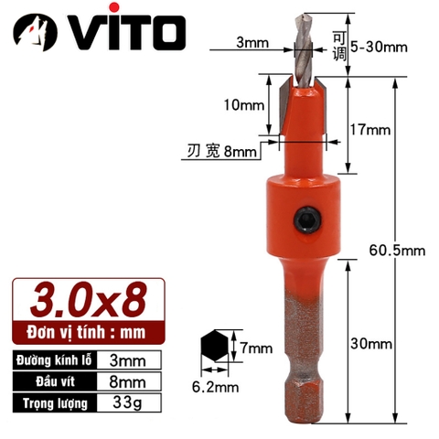 Mũi Khoan Doa Âm Vít Gỗ Chân Lục Giác Vuông Góc 2 Tầng VITO Thép HSS 4341