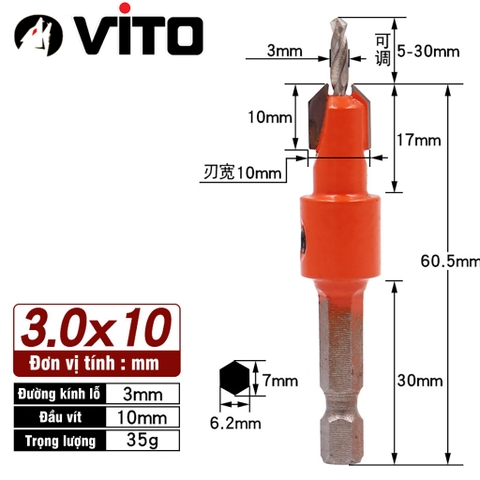 Mũi Khoan Doa Âm Vít Gỗ Chân Lục Giác Vuông Góc 2 Tầng VITO Thép HSS 4341