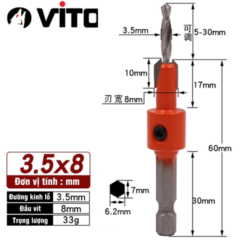 Mũi Khoan Doa Âm Vít Gỗ Chân Lục Giác Vuông Góc 2 Tầng VITO Thép HSS 4341