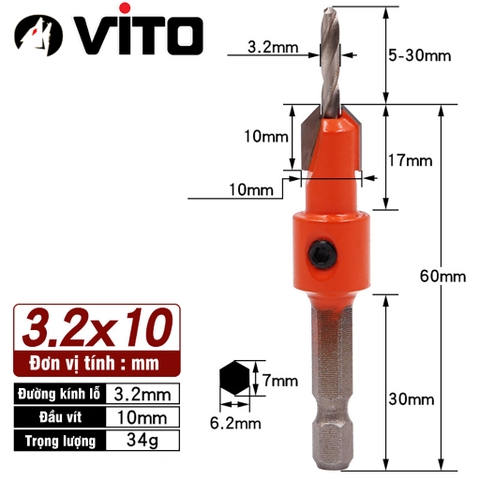 Mũi Khoan Doa Âm Vít Gỗ Chân Lục Giác Vuông Góc 2 Tầng VITO Thép HSS 4341