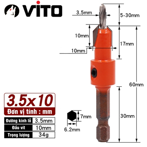 Mũi Khoan Doa Âm Vít Gỗ Chân Lục Giác Vuông Góc 2 Tầng VITO Thép HSS 4341