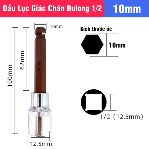 Mũi Vít Lục Giác Có Bi Chân Bulong 1/2 VITO Dài 100mm Gắn Máy Siết Bulong, Tay Khẩu Thép CR-V