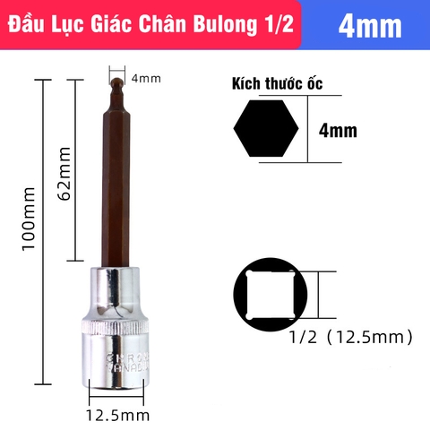 Mũi Vít Lục Giác Có Bi Chân Bulong 1/2 VITO Dài 100mm Gắn Máy Siết Bulong, Tay Khẩu Thép CR-V