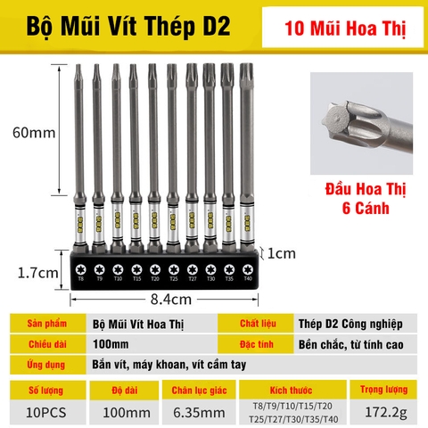 Bộ 10 Mũi Bắn Vít Dài 50mm Thép D2 Công Nghiệp Siêu Cứng VITO Từ Tính Cao Chân Lục Giác Ngắn