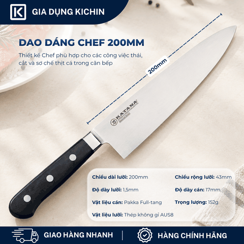 Dao bếp thương hiệu cao cấp KATANA Essential Chef - Dao thái thịt cá KATA202 (200mm)