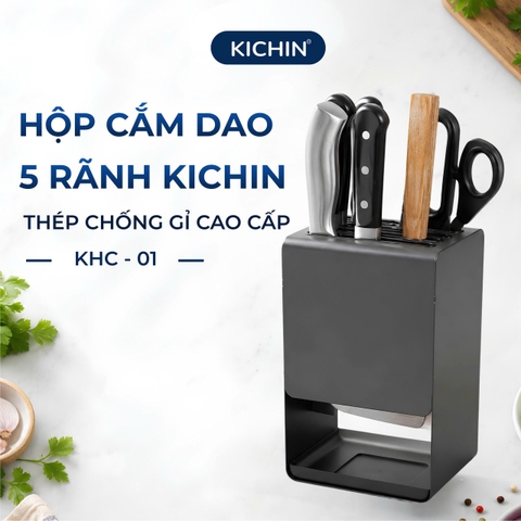 Hộp cắm dao để bàn 5 rãnh thép chống gỉ cao cấp KICHIN - HC01 (12x15x23cm)