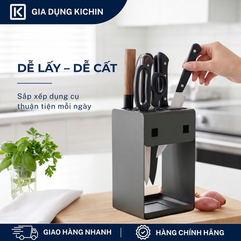Hộp cắm dao để bàn 5 rãnh thép chống gỉ cao cấp KICHIN - HC01 (12x15x23cm)