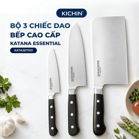 Bộ 3 chiếc dao bếp cao cấp thương hiệu KATANA Essential - Dao chặt - Dao thái - Dao gọt hoa quả - KATASET001