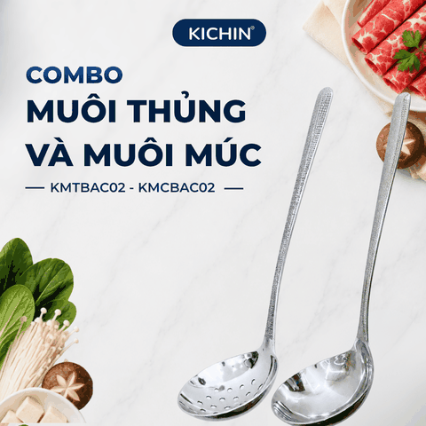 Combo 2 Muôi Múc Canh và Muôi Thủng Inox 304 Cao Cấp KICHIN - Cán Vân Ánh Bạc Sang Trọng, Chống Gỉ