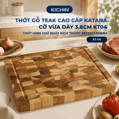 Thớt gỗ teak cao cấp KATANA cỡ vừa dày 3.8cm KT04 - thớt hình chữ nhật kích thước 38x250x350mm