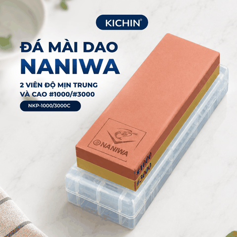 Đá mài dao Naniwa thương hiệu KATANA 2 viên độ mịn trung và cao #1000/#3000 (185x65x30mm) - NKP-1000/3000C đế kèm hộp đựng bảo quản