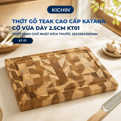 Thớt gỗ teak cao cấp KATANA cỡ vừa dày 2.5cm KT01 - thớt hình chữ nhật kích thước 25x250x350mm