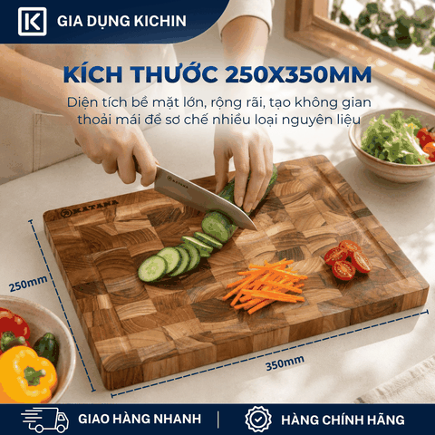 Thớt gỗ teak cao cấp KATANA cỡ vừa dày 2.5cm KT01 - thớt hình chữ nhật kích thước 25x250x350mm