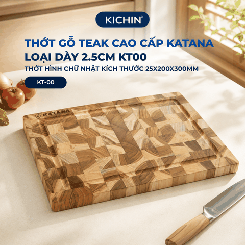 Thớt gỗ teak cao cấp KATANA loại dày 2.5cm size KT00 - thớt hình chữ nhật kích thước 25x200x300mm