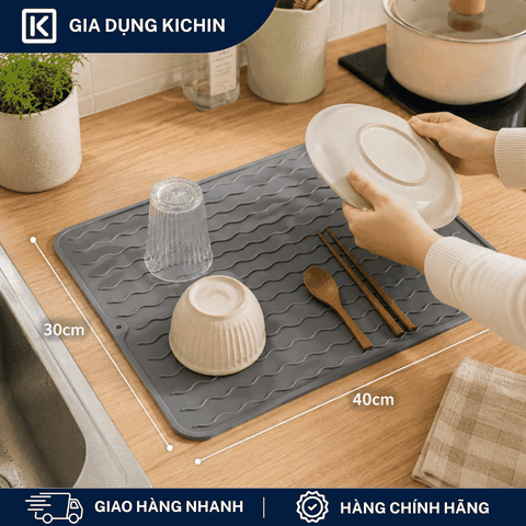 Thảm Silicone Thoát Nước Úp Bát Đĩa KICHIN Vân Sóng Nước - Chống Trượt, Ráo Nước Nhanh