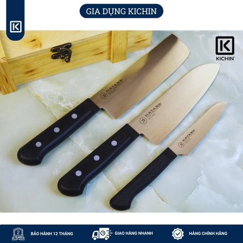 Combo dao Kataba Basic Nakiri + Petty + Dụng cụ mài dao 3 bước KICHIN