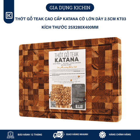 Thớt gỗ teak cao cấp KATANA cỡ lớn dày 2.5cm KT03 - thớt hình chữ nhật kích thước 25x280x400mm