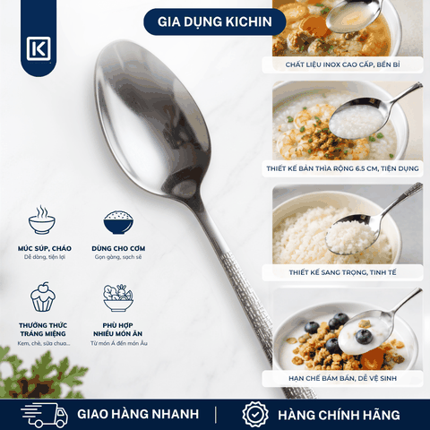 Thìa Súp Inox 304 Cao Cấp KICHIN - Cán Vân Ánh Bạc Sang Trọng, Chống Gỉ KTS-BAC-02