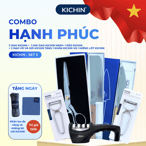 [COMBO HẠNH PHÚC] Bộ 2 dao KICHIN Origin + Kéo cắt đa năng KICHIN + 2 nạo vỏ và nạo sợi KICHIN + Mài dao KICHIN MK01